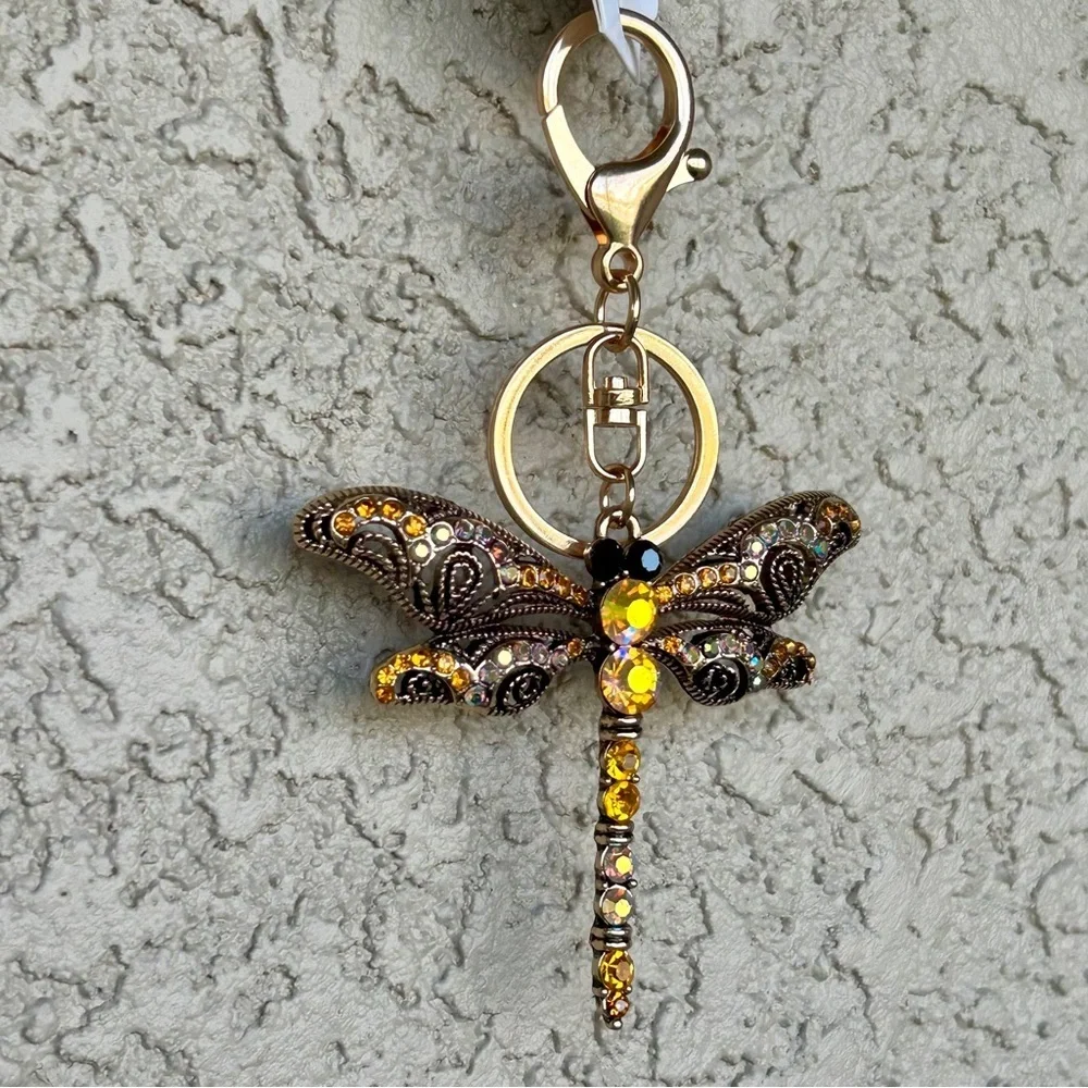 Whimsical Yellow Embellished Dragonfly Keychain
